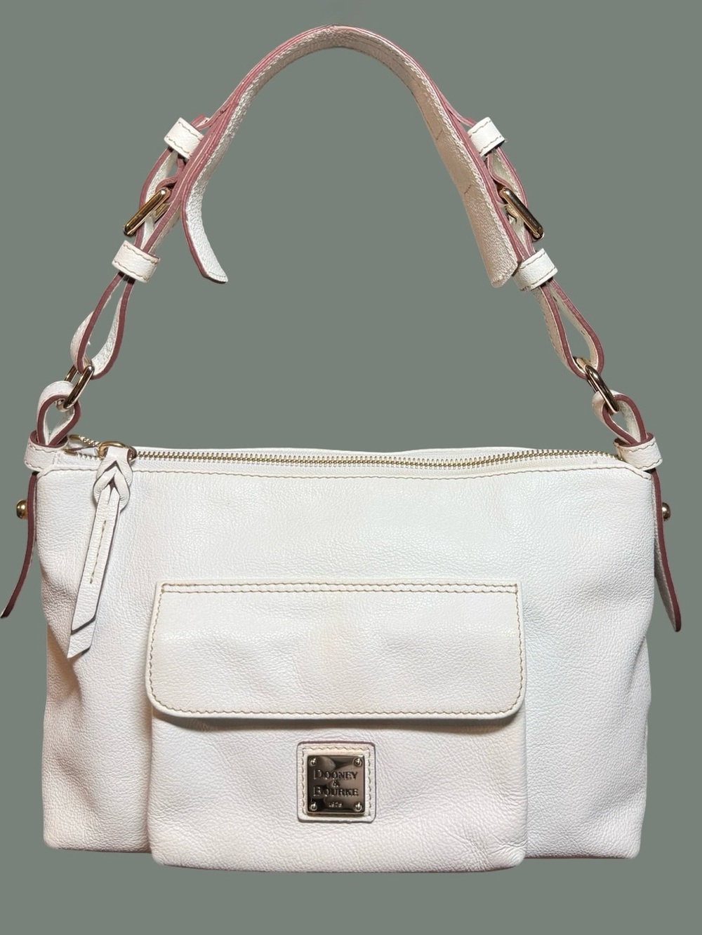 Dooney & Bourke Pebble Grain White Leather Flap Pocket Shoulder Bag